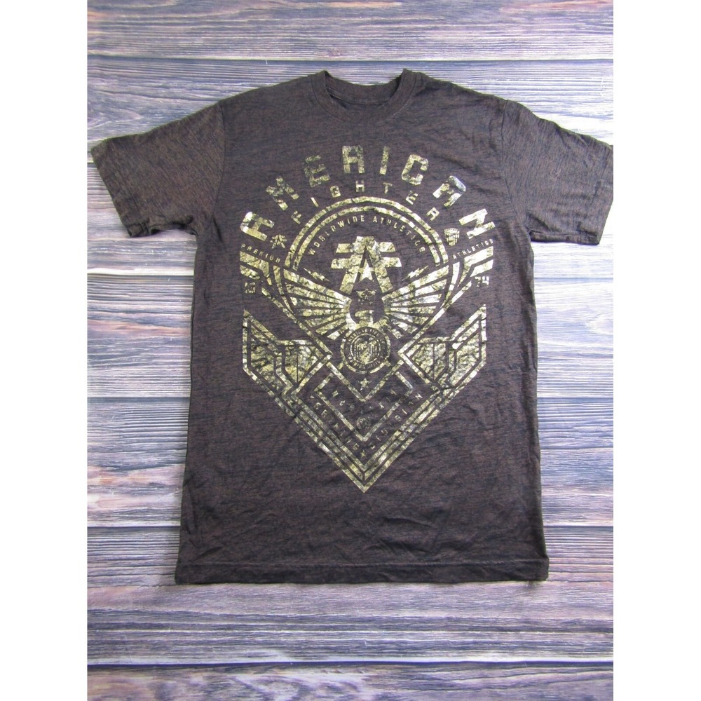 American‎ Fighter Mens Medium Training T Shirt UFC MMA Gym Workout Brown